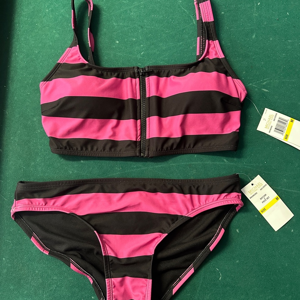 Pink and Black Striped Bikini Set